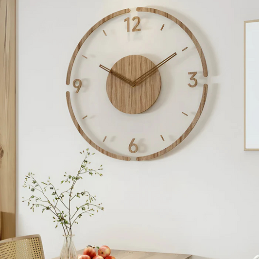 Moderní tiché nástěnné hodiny z akrylu a dřeva do elegantního obývacího pokoje