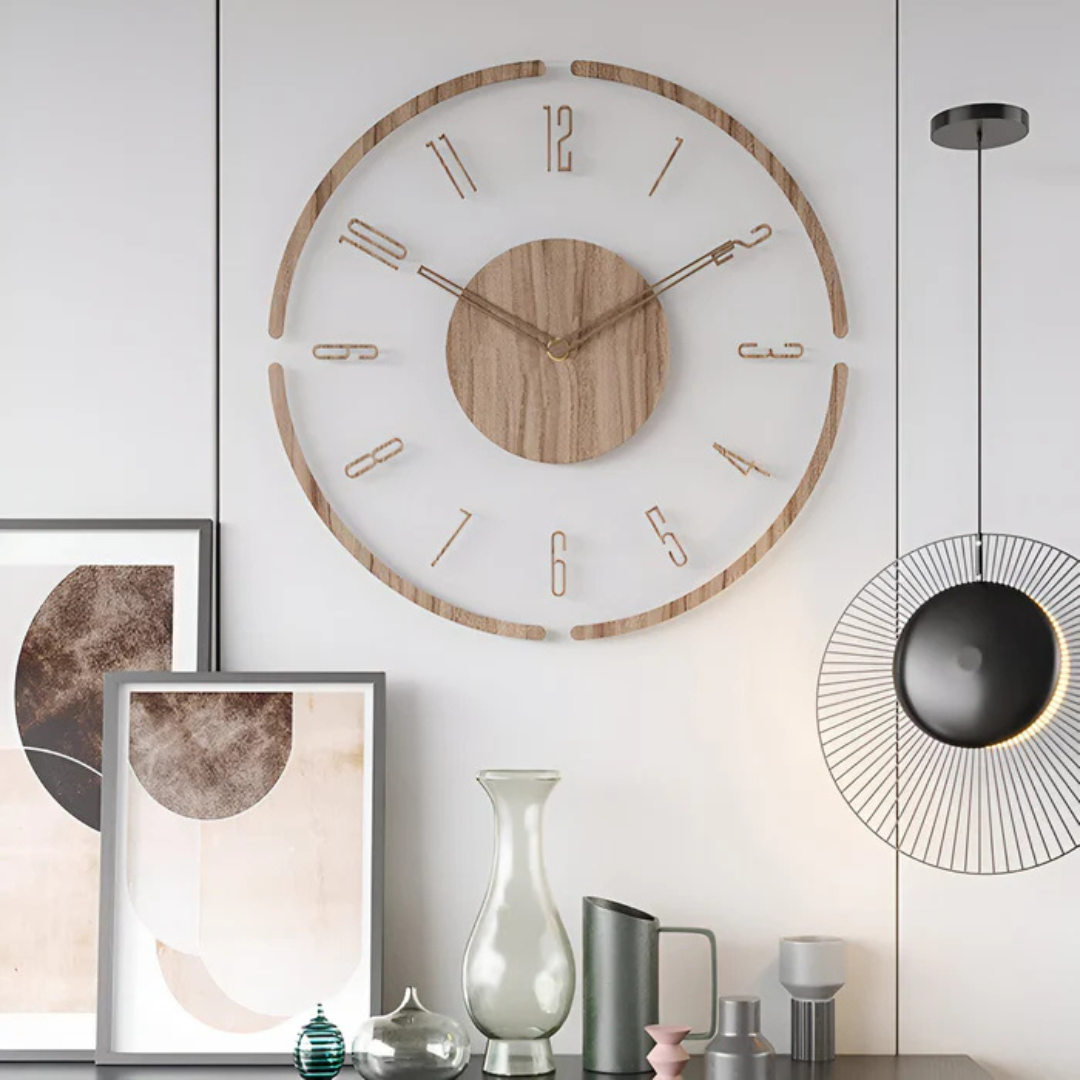 Moderní tiché nástěnné hodiny z akrylu a dřeva do elegantního obývacího pokoje